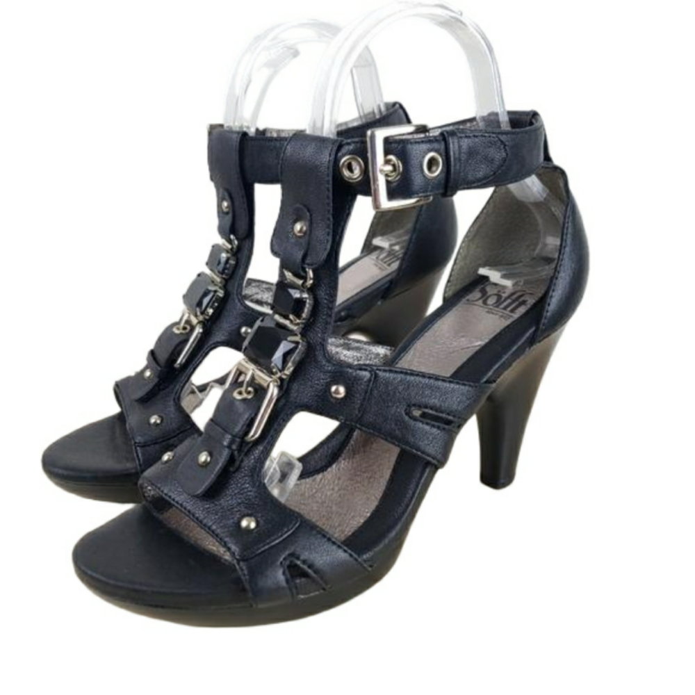 Sofft Carkis Sz 7.5m Gladiator Caged Sandals Black Leather Rhinestones Open Toe